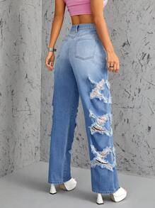 SHEIN ICON High Waist Straight Leg Jeans - Medium Wash - View 3
