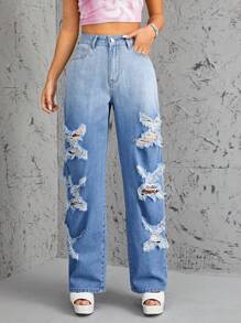 SHEIN ICON High Waist Straight Leg Jeans - Medium Wash - View 1