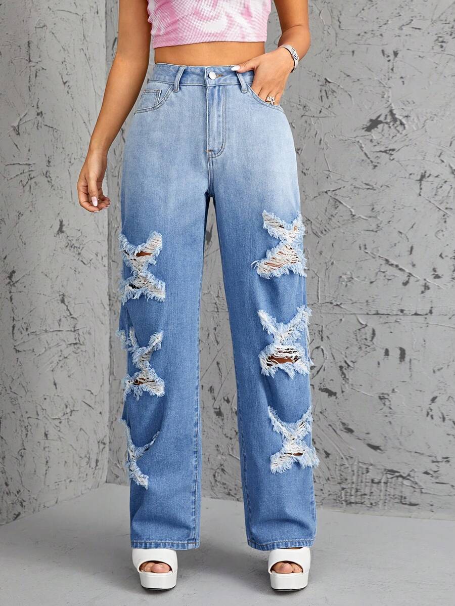 SHEIN ICON High Waist Straight Leg Jeans - Medium Wash - View 1