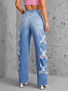 SHEIN ICON High Waist Straight Leg Jeans - Medium Wash - View 6