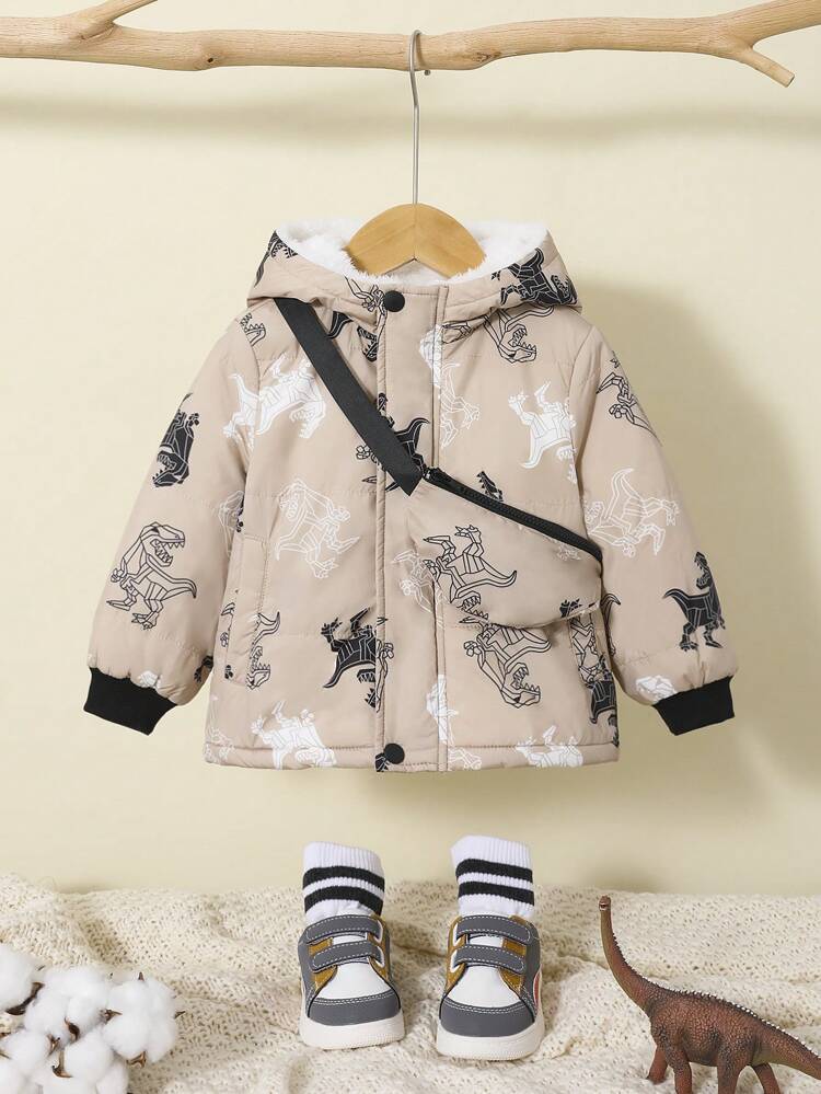 Baby Boy Dinosaur Print Teddy Lined Hooded Jacket With Bag
