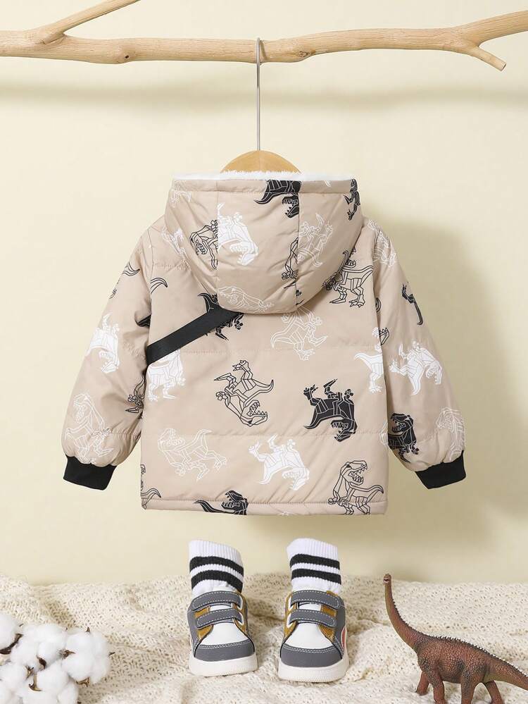 Baby Boy Dinosaur Print Teddy Lined Hooded Jacket With Bag