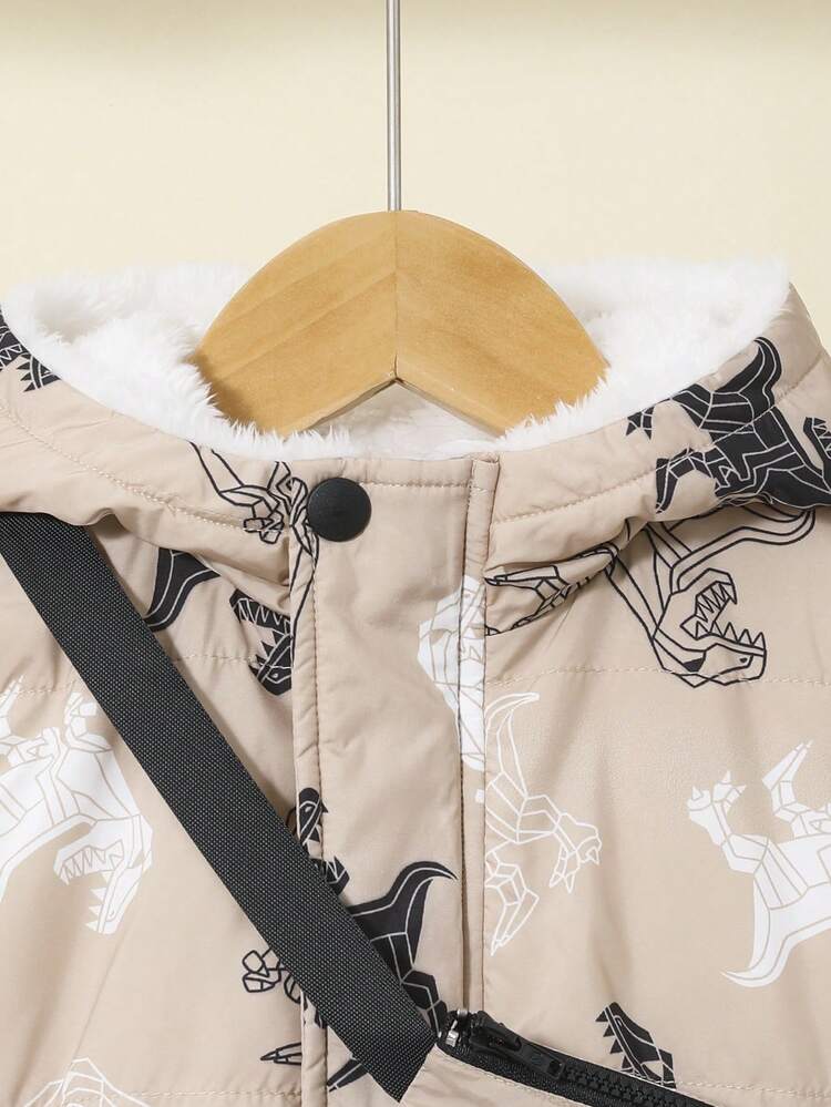 Baby Boy Dinosaur Print Teddy Lined Hooded Jacket With Bag
