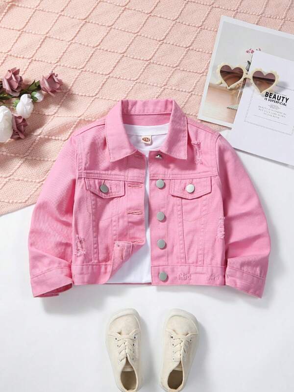 SHEIN Young Girl 1pc Ripped Flap Pocket Denim Jacket