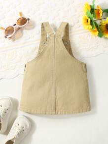 Baby Girl Floral Print Patched Pocket Overall Denim Dress - Khaki - View 2