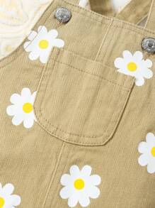 Baby Girl Floral Print Patched Pocket Overall Denim Dress - Khaki - View 3