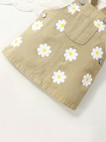 Baby Girl Floral Print Patched Pocket Overall Denim Dress - Khaki - View 4