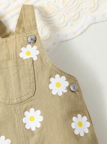 Baby Girl Floral Print Patched Pocket Overall Denim Dress - Khaki - View 5