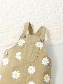 Baby Girl Floral Print Patched Pocket Overall Denim Dress - Khaki - View 6