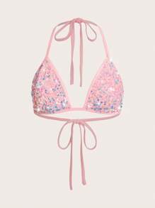 SHEIN ICON Y2K Music Festival Pink Pentagram Embroidered Shiny Sequin Halter Neck Strap - Pink - View 1