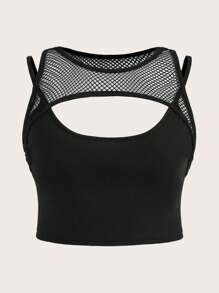 SHEIN ICON Plus Contrast Mesh Cut Out Front Crop Tank Top - Black - View 1