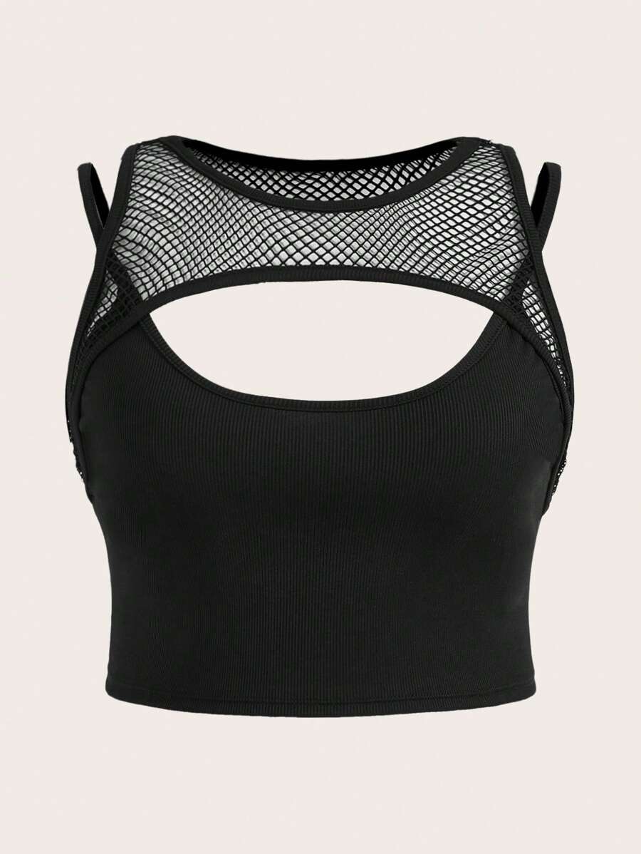 SHEIN ICON Plus Contrast Mesh Cut Out Front Crop Tank Top - Black - View 1