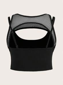SHEIN ICON Plus Contrast Mesh Cut Out Front Crop Tank Top - Black - View 6
