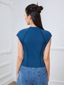 SHEINNeu Áo thun nữ Dây kéo màu trơn Giải trí - Màu xanh lam - Xem 2