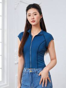 SHEINNeu Áo thun nữ Dây kéo màu trơn Giải trí - Màu xanh lam - Xem 3