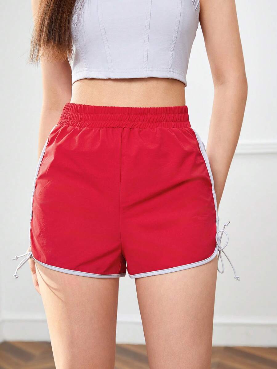 SHEINNeu Quần đùi nữ Ren lên Tương phản ràng buộc Khối Màu Giải trí - Đỏ - Xem 1