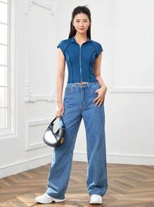 SHEINNeu Áo thun nữ Dây kéo màu trơn Giải trí - Màu xanh lam - Xem 5