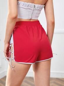 SHEINNeu Quần đùi nữ Ren lên Tương phản ràng buộc Khối Màu Giải trí - Đỏ - Xem 2