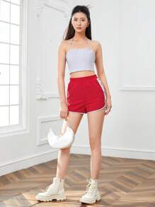 SHEINNeu Quần đùi nữ Ren lên Tương phản ràng buộc Khối Màu Giải trí - Đỏ - Xem 3