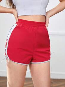 SHEINNeu Quần đùi nữ Ren lên Tương phản ràng buộc Khối Màu Giải trí - Đỏ - Xem 4