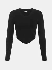 Gestricktes einfarbiges V-Ausschnitt T-Shirt für Teenager Mädchen mit aufgesetzter Tasche und abgerundetem Saum