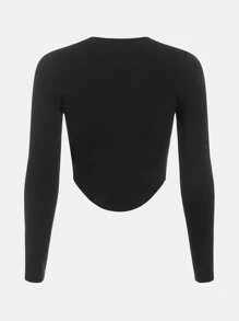 Gestricktes einfarbiges V-Ausschnitt T-Shirt für Teenager Mädchen mit aufgesetzter Tasche und abgerundetem Saum