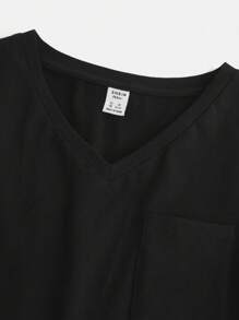 Gestricktes einfarbiges V-Ausschnitt T-Shirt für Teenager Mädchen mit aufgesetzter Tasche und abgerundetem Saum