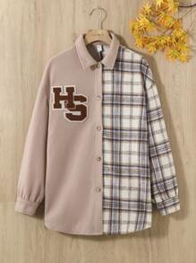 SHEIN Teen Girl Letter Patched Plaid Print Drop Shoulder Overcoat