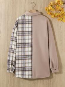 SHEIN Teen Girl Letter Patched Plaid Print Drop Shoulder Overcoat