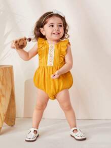 Cozy Pixies Bodysuits Em bé Tương phản ren Xù Dây kéo Khối Màu - Màu vàng - Xem 3