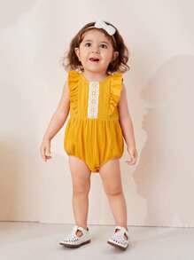 Cozy Pixies Bodysuits Em bé Tương phản ren Xù Dây kéo Khối Màu - Màu vàng - Xem 4