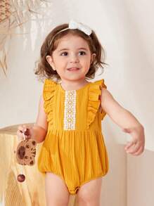 Cozy Pixies Bodysuits Em bé Tương phản ren Xù Dây kéo Khối Màu - Màu vàng - Xem 6
