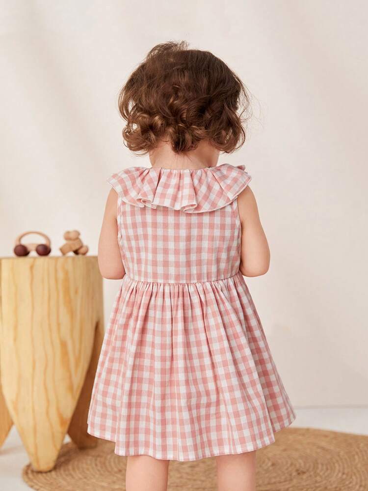 Baby Girl Gingham Print Ruffle Trim Button Front Dress