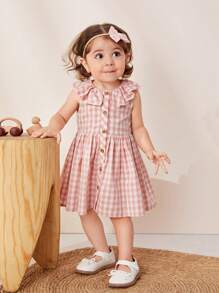Cozy Pixies Baby Girl Gingham Print Ruffle Trim Button Front Dress - Baby Pink - View 4