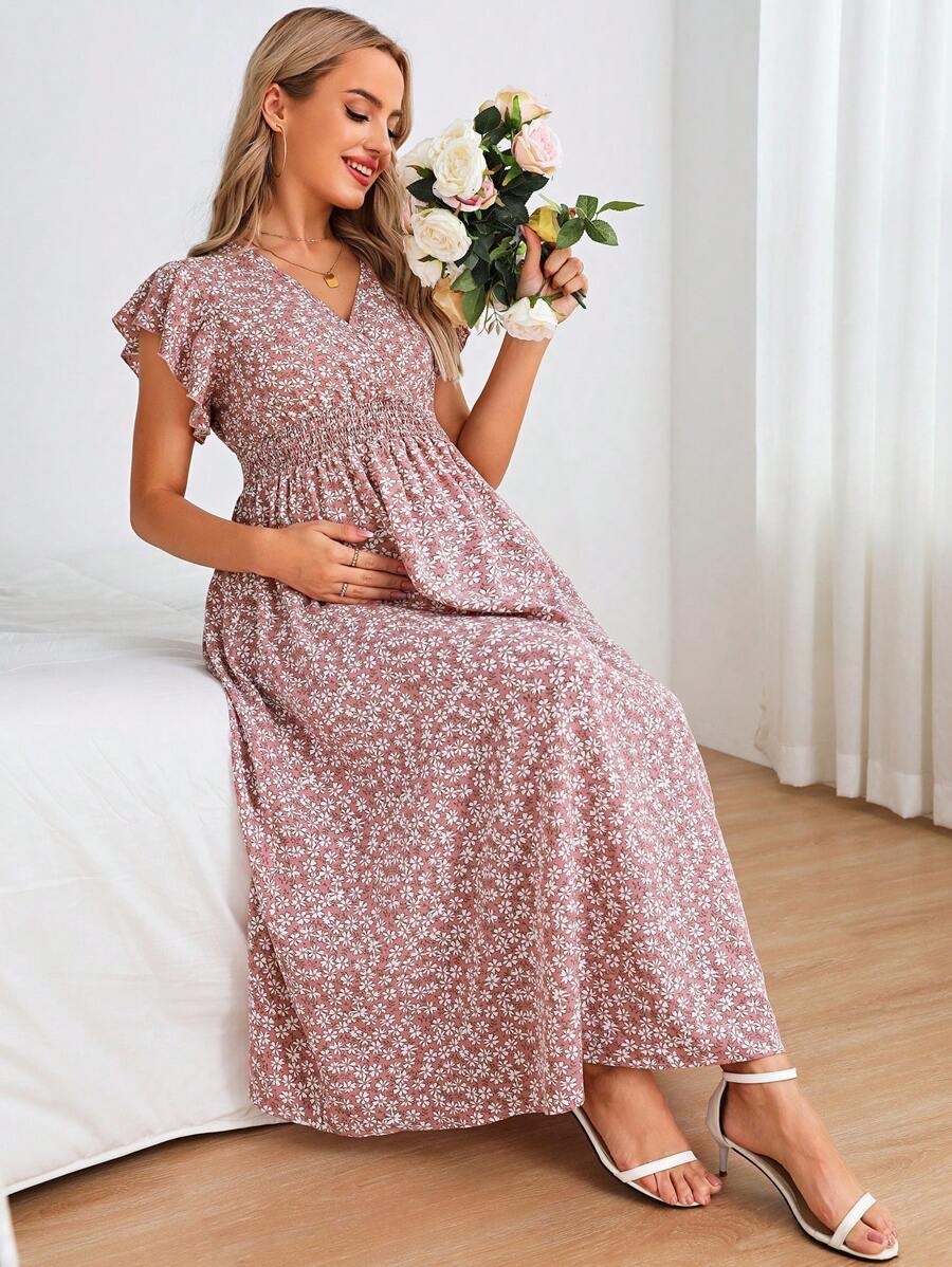 SHEIN Maternity Ditsy Floral Print Butterfly Sleeve Dress - Multicolor - View 1