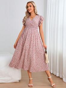 SHEIN Maternity Ditsy Floral Print Butterfly Sleeve Dress - Multicolor - View 4