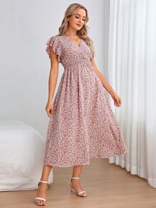 SHEIN Maternity Ditsy Floral Print Butterfly Sleeve Dress - Multicolor - View 5