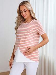 SHEIN Maternity Striped Print Nursing Detail Wrap Hem Tee - Multicolor - View 1