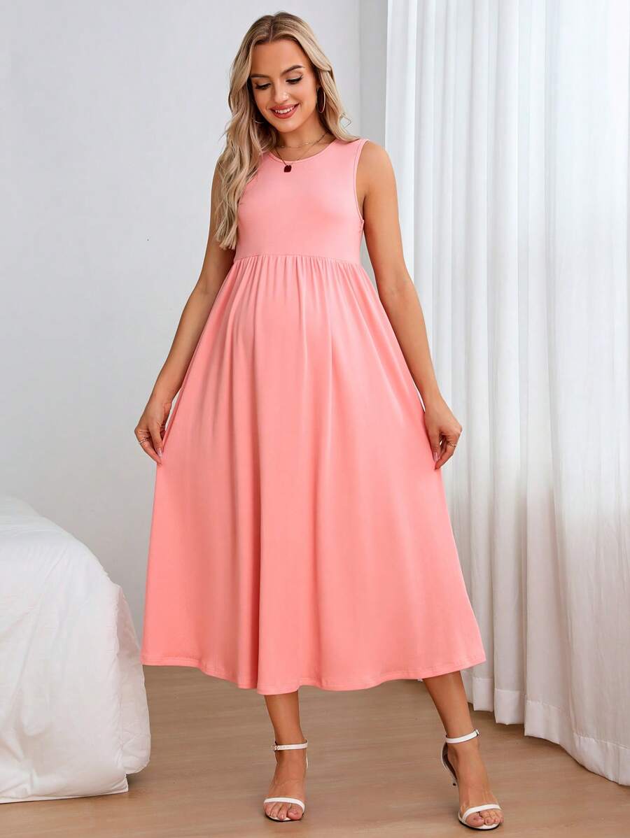 SHEIN 孕婦素色無袖A字連衣裙 - 珊瑚粉 - 查看 1