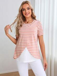 SHEIN Maternity Striped Print Nursing Detail Wrap Hem Tee - Multicolor - View 3