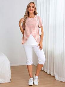 SHEIN Maternity Striped Print Nursing Detail Wrap Hem Tee - Multicolor - View 6