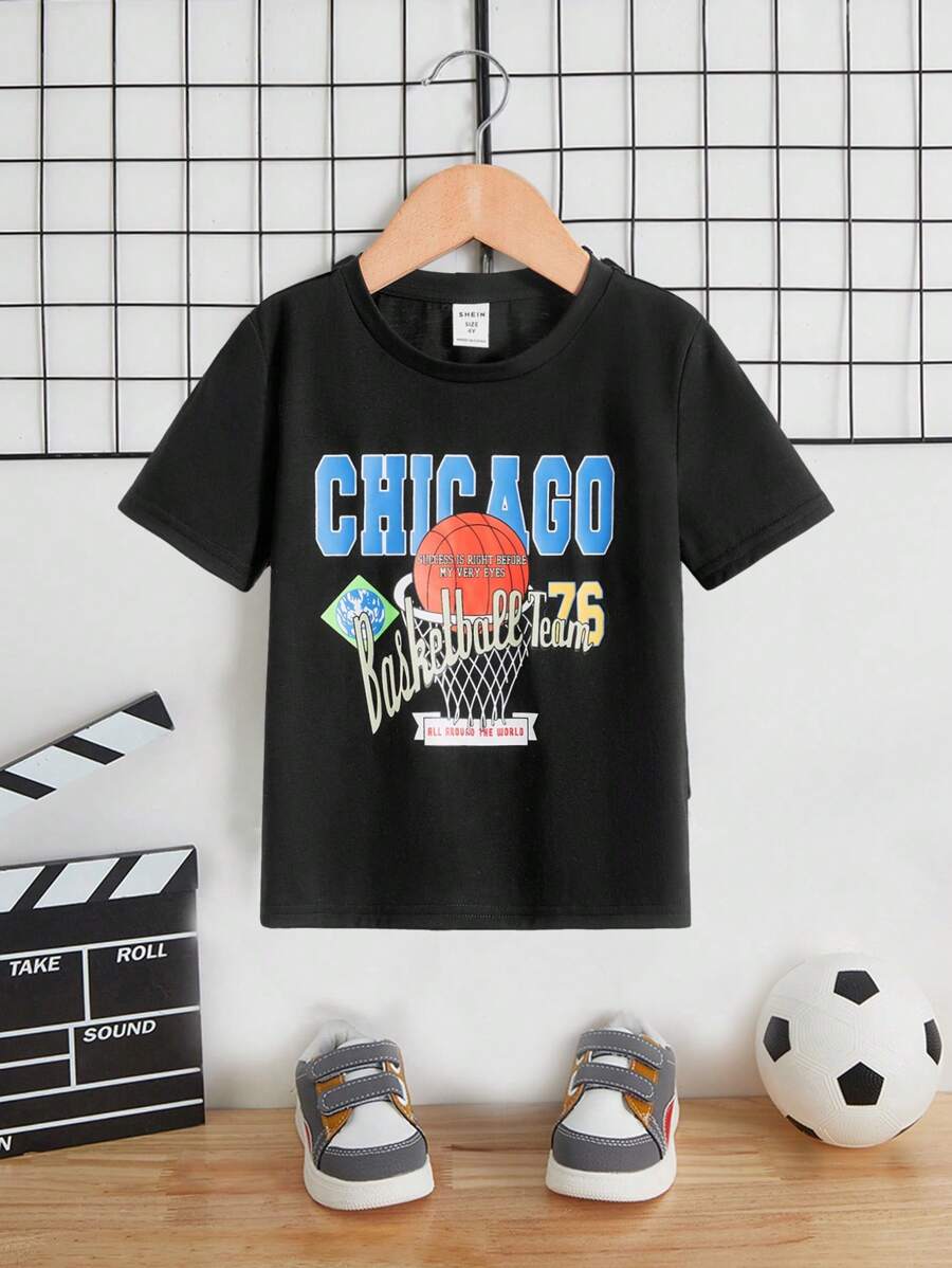 SHEIN 小男童籃球和字母圖案T恤
