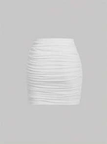 SHEIN MOD Solid Ruched Wrap Hem Bodycon White Summer Skirt