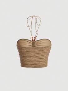 SHEIN MOD 串珠細節後背繫帶掛脖上衣 - 卡其色 - 查看 2