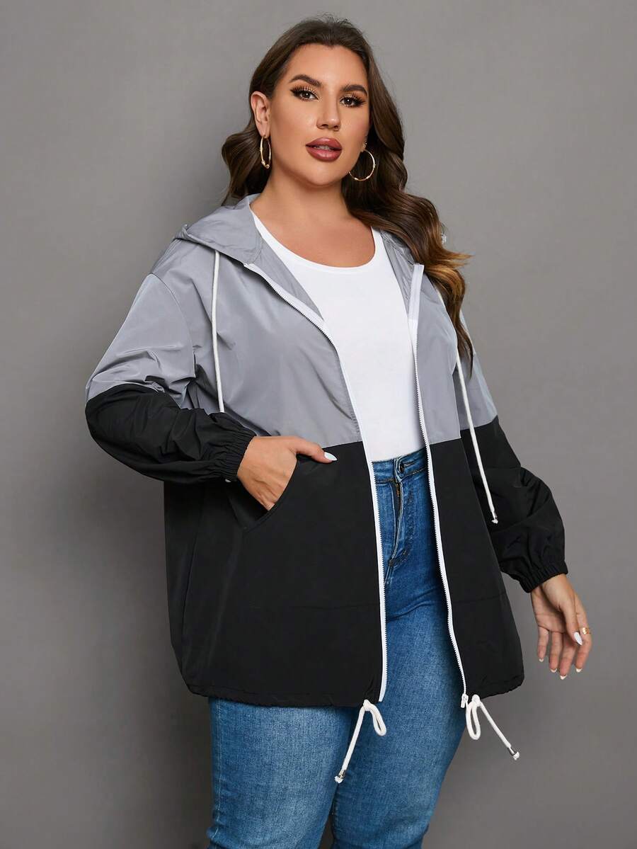 SHEIN LUNE Plus Two Tone Drawstring Hem Hooded Jacket - Multicolor - View 1