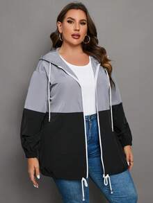 SHEIN LUNE Plus Two Tone Drawstring Hem Hooded Jacket - Multicolor - View 3