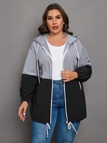 SHEIN LUNE Plus Two Tone Drawstring Hem Hooded Jacket - Multicolor - View 4