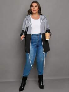 SHEIN LUNE Plus Two Tone Drawstring Hem Hooded Jacket - Multicolor - View 5
