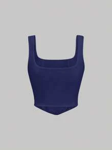 SHEIN MOD Chất rắn Viền không đối xứng Áo ba lỗ - Màu xanh hải quân - Xem 2