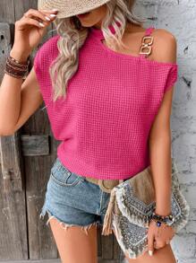 SHEIN VCAY Chain Detail Asymmetrical Neck Batwing Sleeve Tee - Hot Pink - View 1